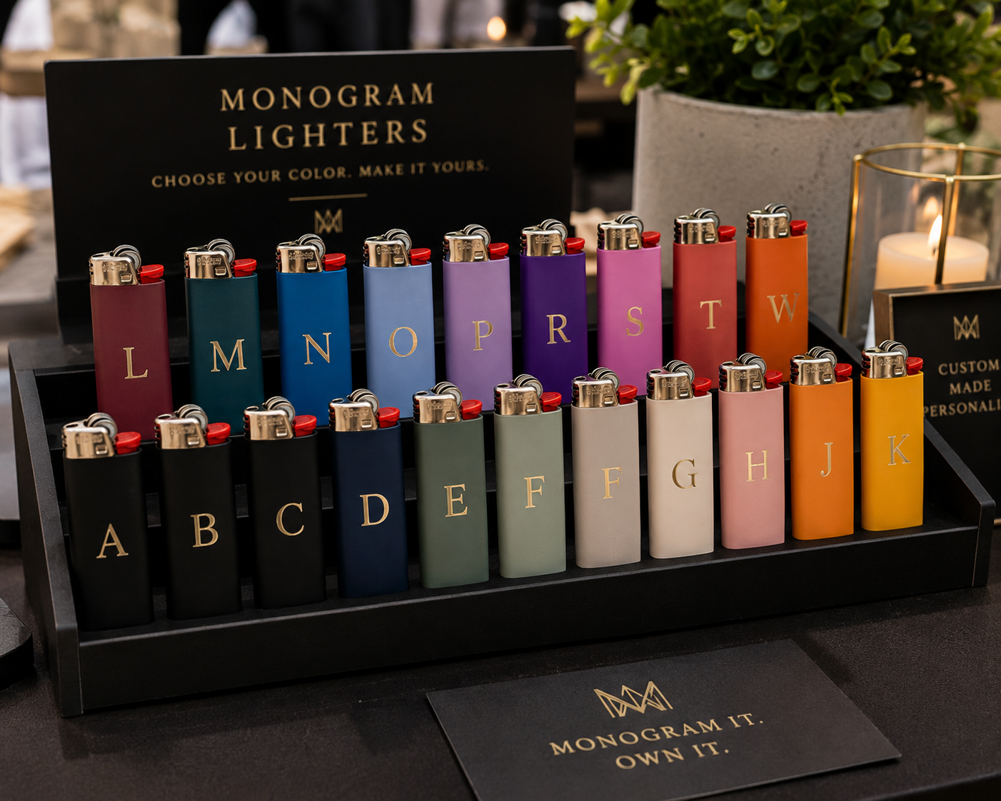 Monogrammed lighters in various colors
