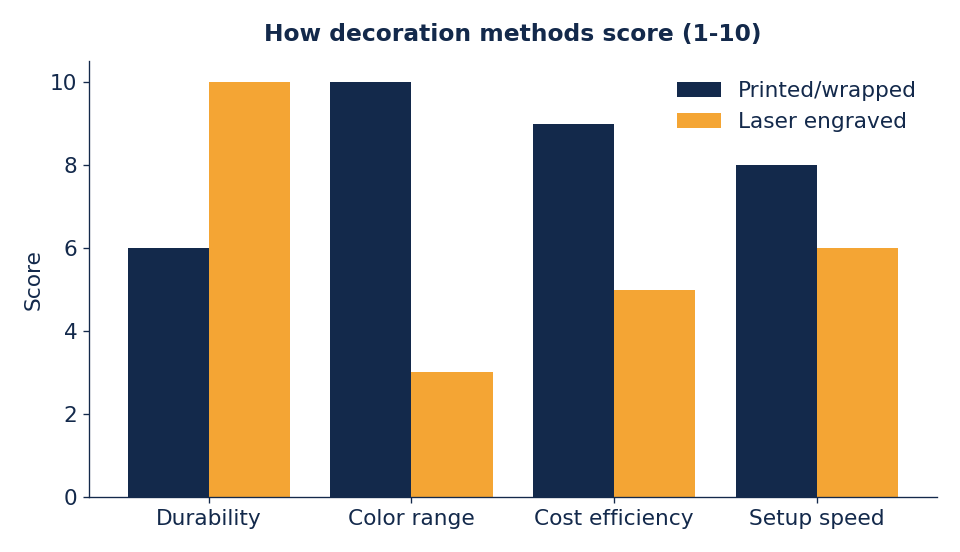 Printed wins on color and cost; engraving wins on durability.